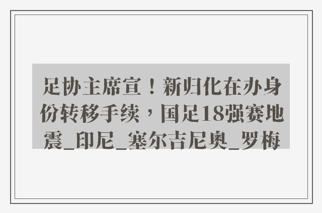 足协主席宣！新归化在办身份转移手续，国足18强赛地震_印尼_塞尔吉尼奥_罗梅